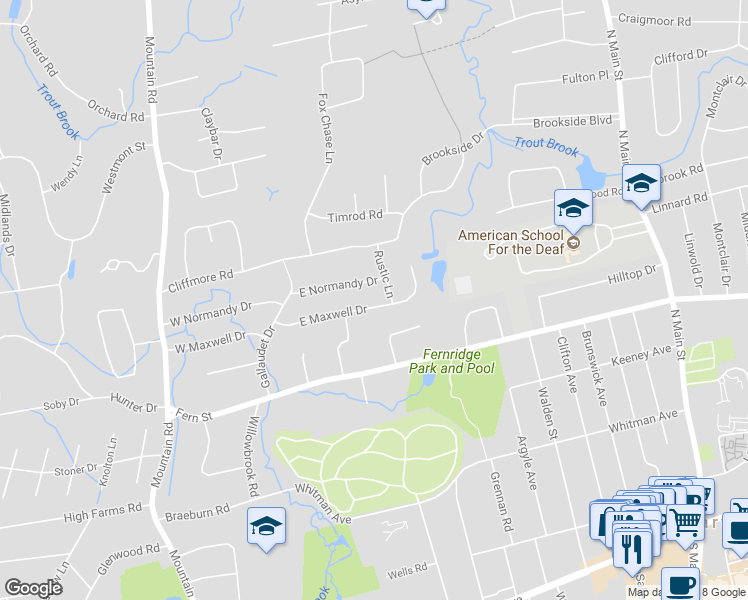 map of restaurants, bars, coffee shops, grocery stores, and more near 48 East Maxwell Drive in West Hartford