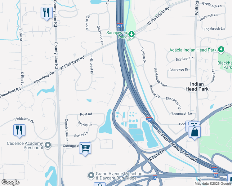 map of restaurants, bars, coffee shops, grocery stores, and more near 6610 Manor Drive in Burr Ridge