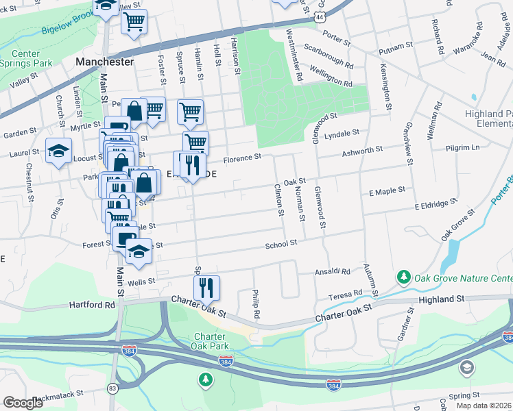 map of restaurants, bars, coffee shops, grocery stores, and more near 191 Maple Street in Manchester