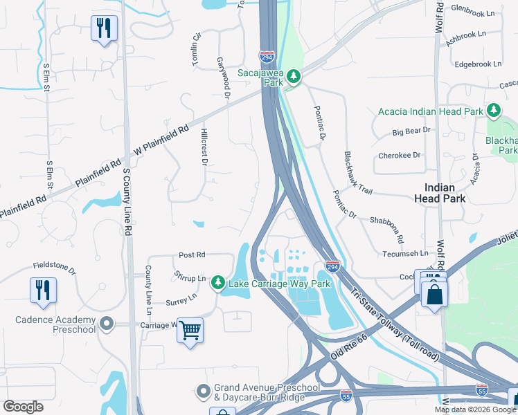 map of restaurants, bars, coffee shops, grocery stores, and more near 6610 Manor Drive in Burr Ridge