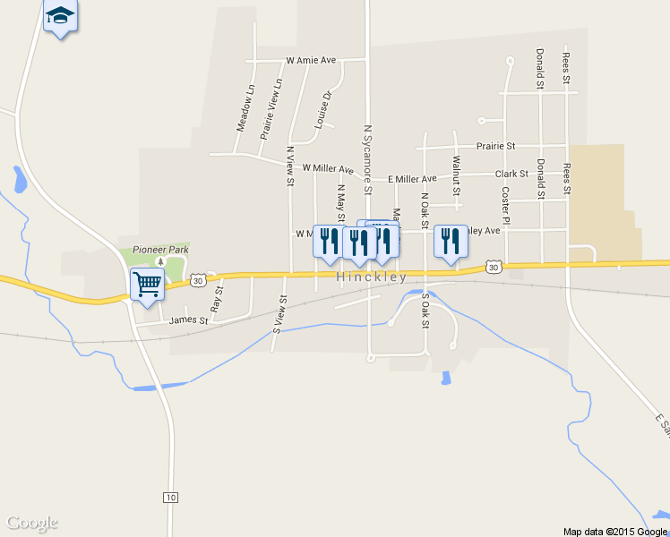 map of restaurants, bars, coffee shops, grocery stores, and more near 200 West Lincoln Highway in Hinckley