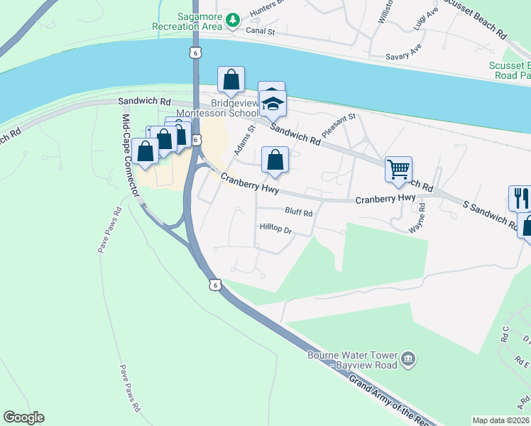 map of restaurants, bars, coffee shops, grocery stores, and more near 3 Hilltop Drive in Sandwich