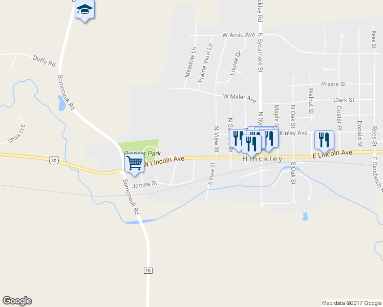 map of restaurants, bars, coffee shops, grocery stores, and more near 520 West Lincoln Avenue in Hinckley