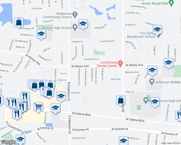 map of restaurants, bars, coffee shops, grocery stores, and more near 620 Westgate Drive in Aurora