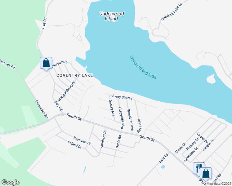map of restaurants, bars, coffee shops, grocery stores, and more near 190 Avery Shores in Coventry