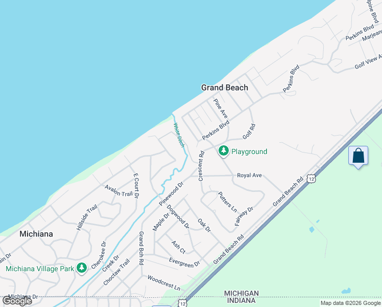 map of restaurants, bars, coffee shops, grocery stores, and more near 19343 Ravine Drive in New Buffalo