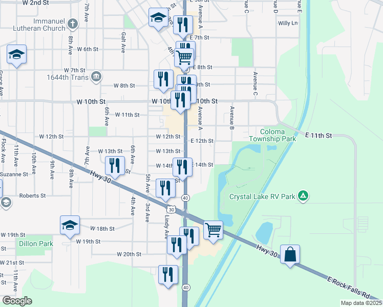 map of restaurants, bars, coffee shops, grocery stores, and more near 1300 1st Avenue in Rock Falls