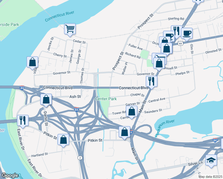 map of restaurants, bars, coffee shops, grocery stores, and more near 111 Connecticut Boulevard in East Hartford