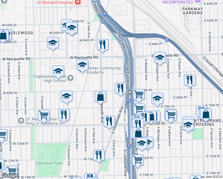map of restaurants, bars, coffee shops, grocery stores, and more near 6856 South Perry Avenue in Chicago