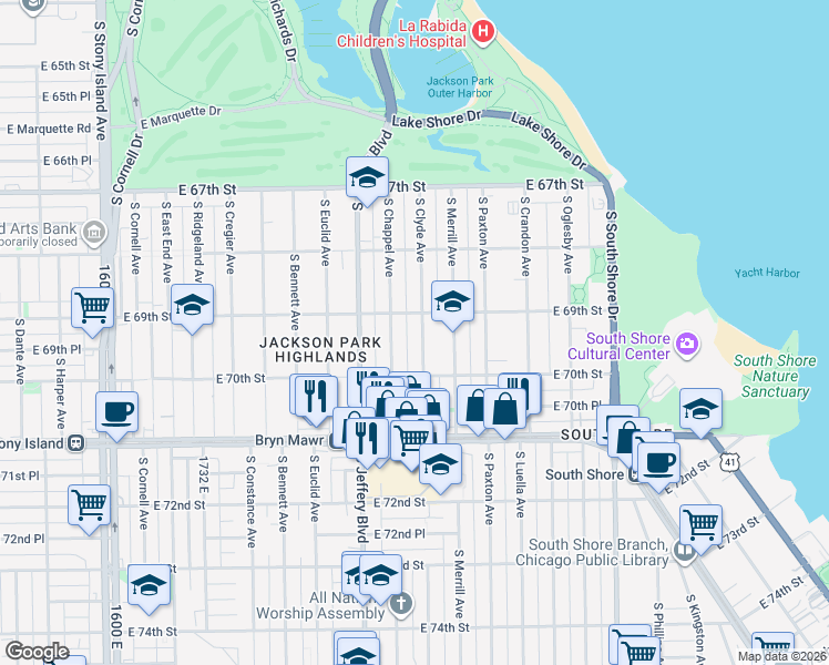 map of restaurants, bars, coffee shops, grocery stores, and more near 6916 South Clyde Avenue in Chicago