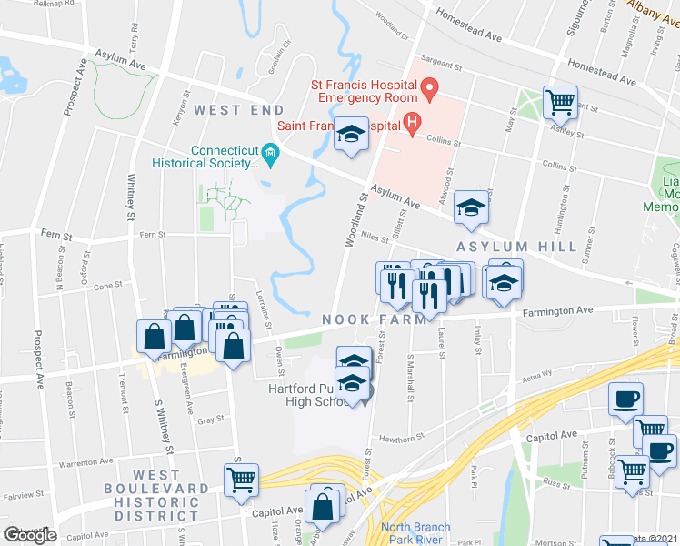 map of restaurants, bars, coffee shops, grocery stores, and more near 21 Woodland Street in Hartford