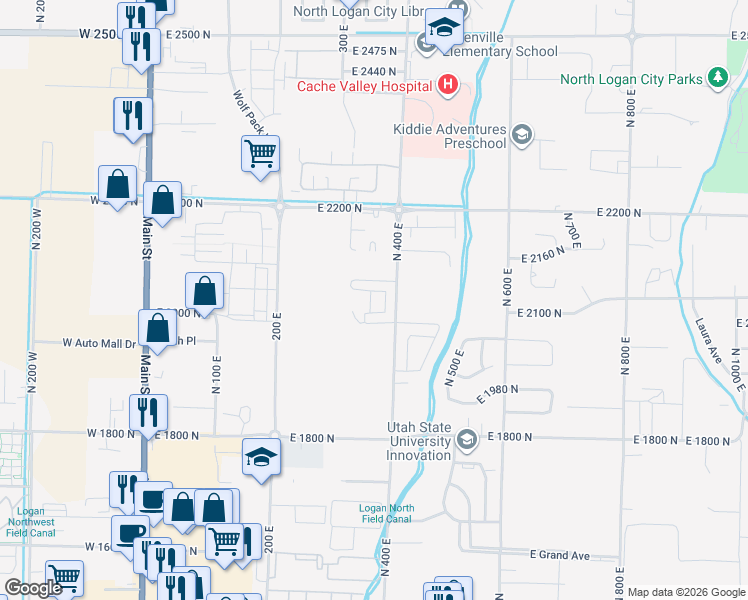 map of restaurants, bars, coffee shops, grocery stores, and more near 2048 North 350 East in North Logan