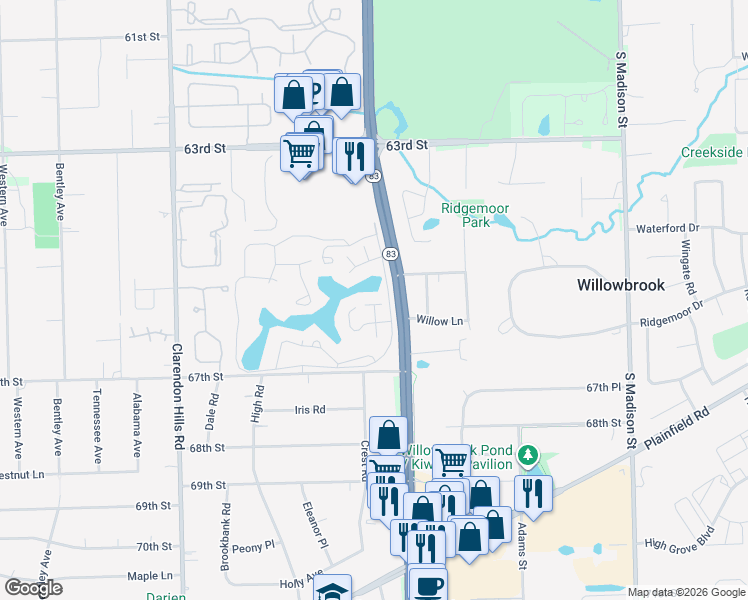 map of restaurants, bars, coffee shops, grocery stores, and more near 2 Kane Court in Willowbrook