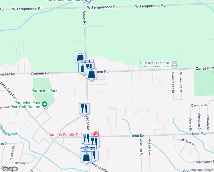 map of restaurants, bars, coffee shops, grocery stores, and more near 8466 Secor Road in Lambertville