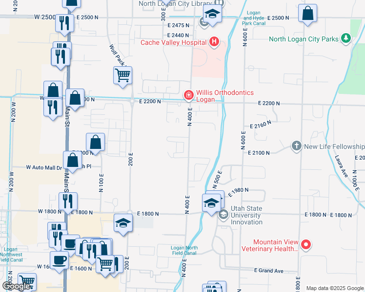 map of restaurants, bars, coffee shops, grocery stores, and more near 2044 North 400 East in North Logan