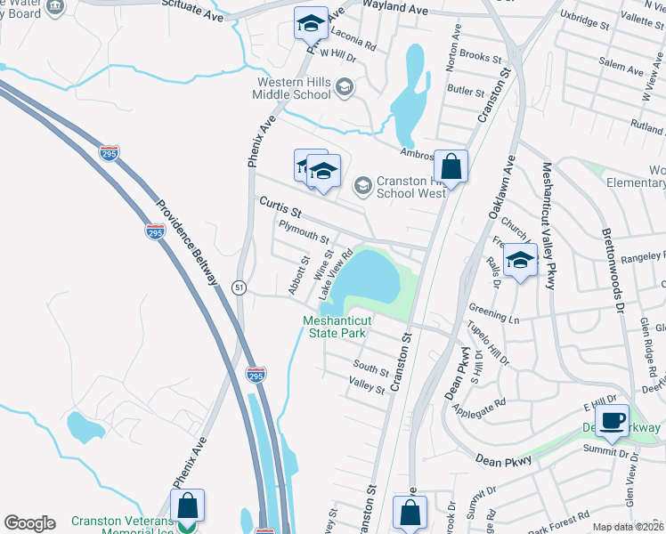 map of restaurants, bars, coffee shops, grocery stores, and more near 160 Lake View Road in Cranston