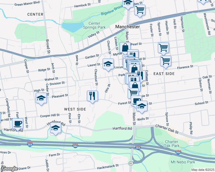 map of restaurants, bars, coffee shops, grocery stores, and more near 42 Otis Street in Manchester