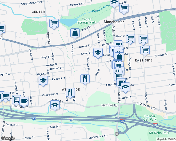 map of restaurants, bars, coffee shops, grocery stores, and more near 153 Chestnut Street in Manchester