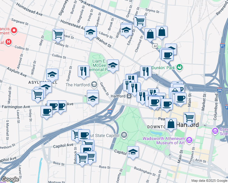 map of restaurants, bars, coffee shops, grocery stores, and more near 28 Garden Street in Hartford
