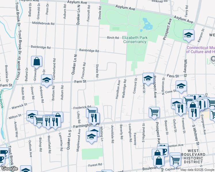 map of restaurants, bars, coffee shops, grocery stores, and more near 237 Fern Street in West Hartford
