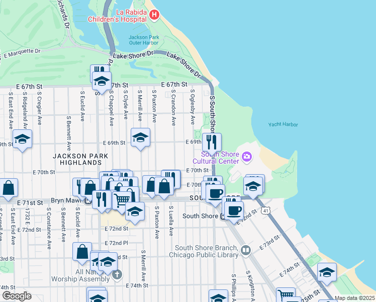 map of restaurants, bars, coffee shops, grocery stores, and more near 6926 South Oglesby Avenue in Chicago