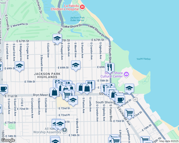map of restaurants, bars, coffee shops, grocery stores, and more near 6928 South Crandon Avenue in Chicago