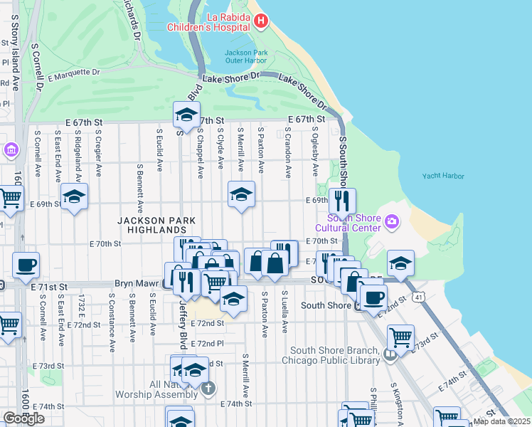 map of restaurants, bars, coffee shops, grocery stores, and more near 6917 South Paxton Avenue in Chicago
