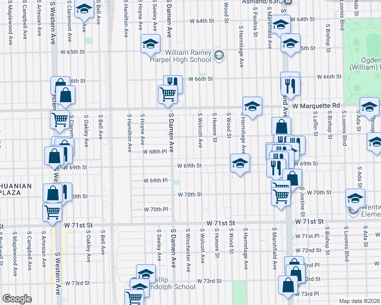 map of restaurants, bars, coffee shops, grocery stores, and more near 6845 South Winchester Avenue in Chicago
