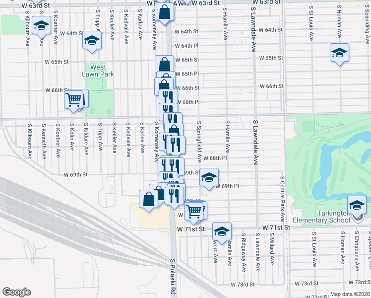 map of restaurants, bars, coffee shops, grocery stores, and more near 3938 West 68th Place in Chicago