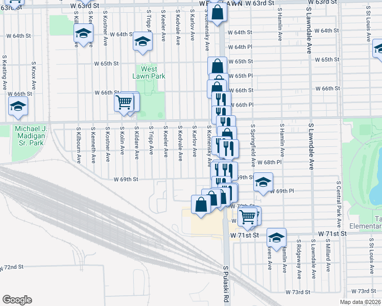 map of restaurants, bars, coffee shops, grocery stores, and more near 6817 South Kedvale Avenue in Chicago