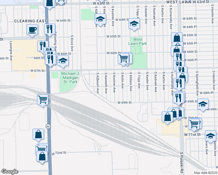 map of restaurants, bars, coffee shops, grocery stores, and more near 6816 South Kenneth Avenue in Chicago