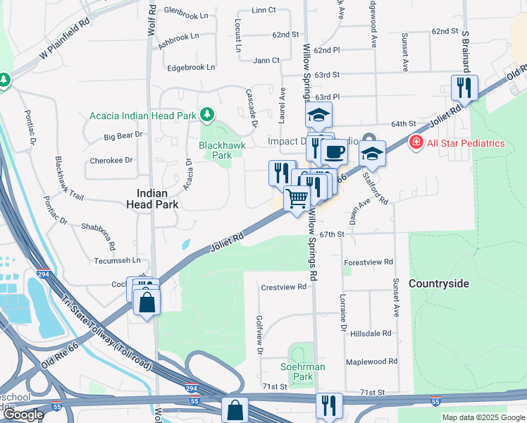 map of restaurants, bars, coffee shops, grocery stores, and more near 6704 Joliet Road in Countryside