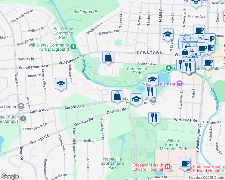 map of restaurants, bars, coffee shops, grocery stores, and more near 525 River Front Circle in Naperville
