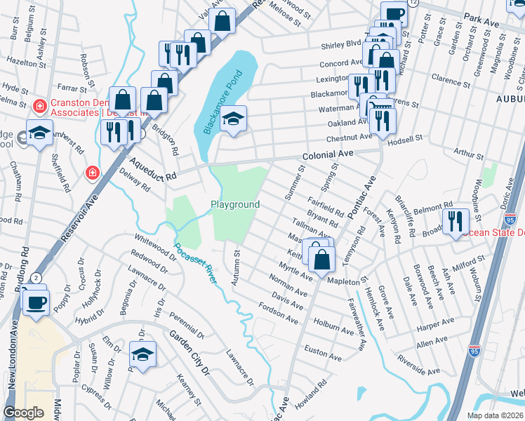 map of restaurants, bars, coffee shops, grocery stores, and more near 104 Tallman Avenue in Cranston