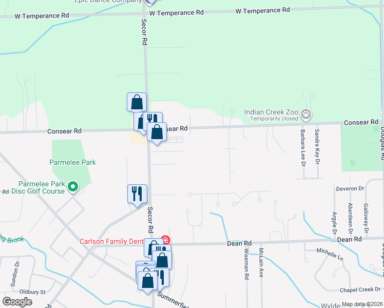 map of restaurants, bars, coffee shops, grocery stores, and more near 8466 Secor Road in Lambertville