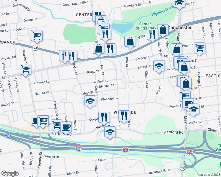 map of restaurants, bars, coffee shops, grocery stores, and more near 36 High Street in Manchester