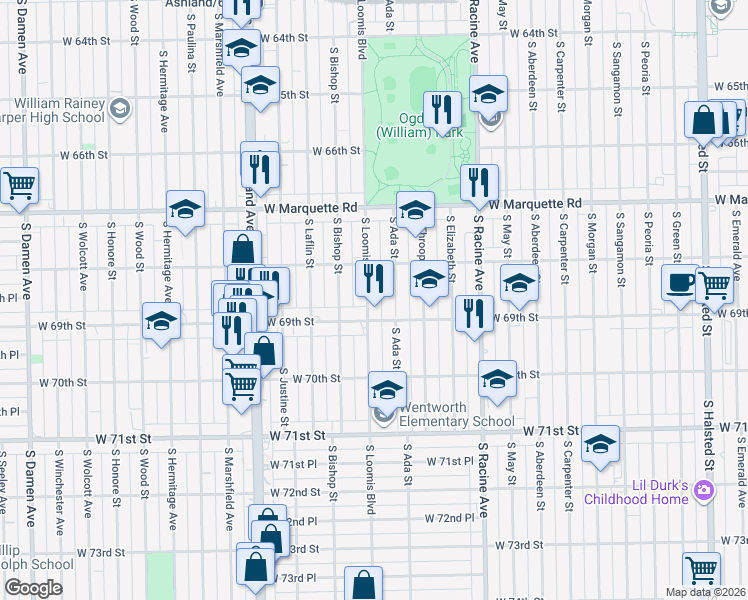 map of restaurants, bars, coffee shops, grocery stores, and more near 6841 South Loomis Boulevard in Chicago
