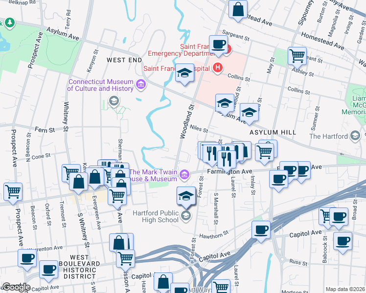 map of restaurants, bars, coffee shops, grocery stores, and more near 30 Woodland Street in Hartford