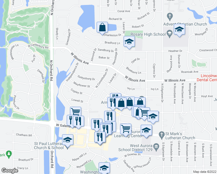 map of restaurants, bars, coffee shops, grocery stores, and more near 2140 Lilac Lane in Aurora