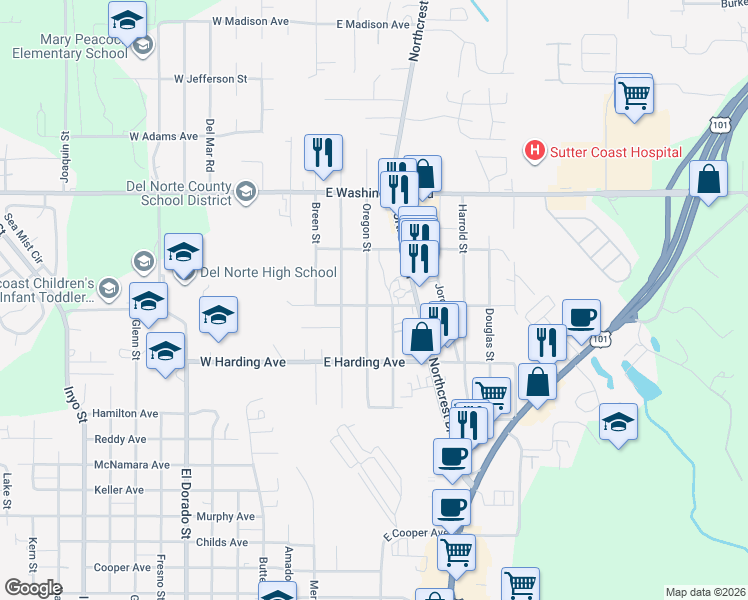 map of restaurants, bars, coffee shops, grocery stores, and more near 300 East Coolidge Avenue in Crescent City