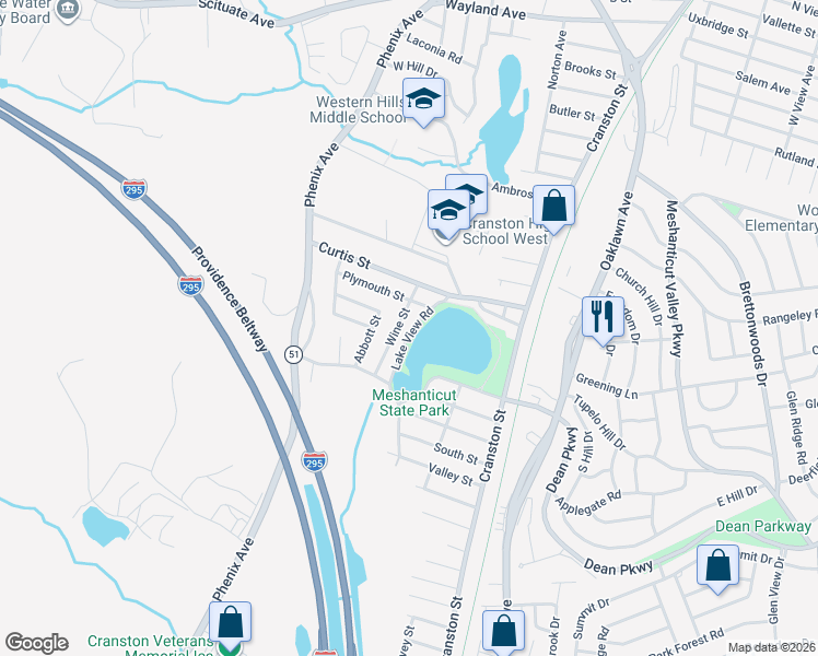 map of restaurants, bars, coffee shops, grocery stores, and more near 160 Lake View Road in Cranston