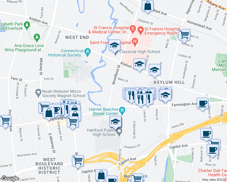 map of restaurants, bars, coffee shops, grocery stores, and more near 21 Woodland Street in Hartford