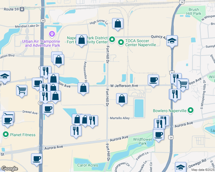 map of restaurants, bars, coffee shops, grocery stores, and more near W Jefferson Ave & Fort Hill Dr in Naperville