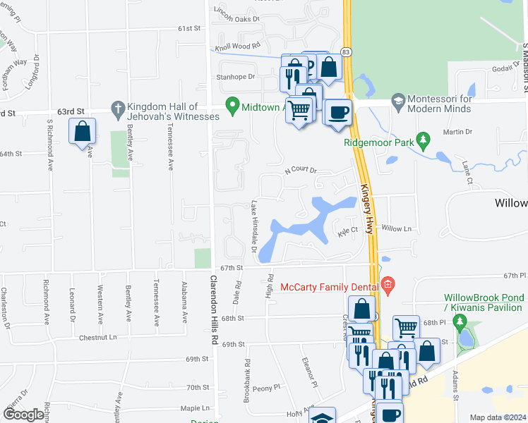 map of restaurants, bars, coffee shops, grocery stores, and more near 601 Lake Hinsdale Drive in Willowbrook