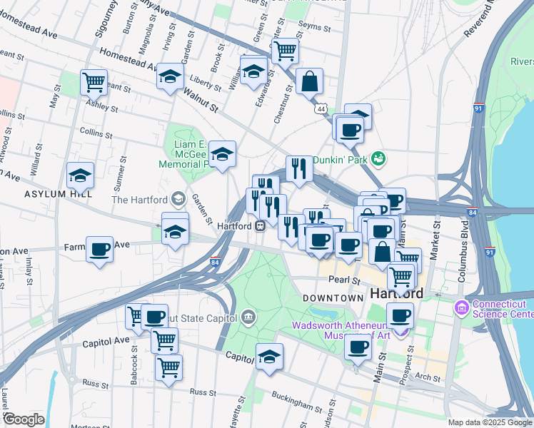 map of restaurants, bars, coffee shops, grocery stores, and more near 74 Union Place in Hartford