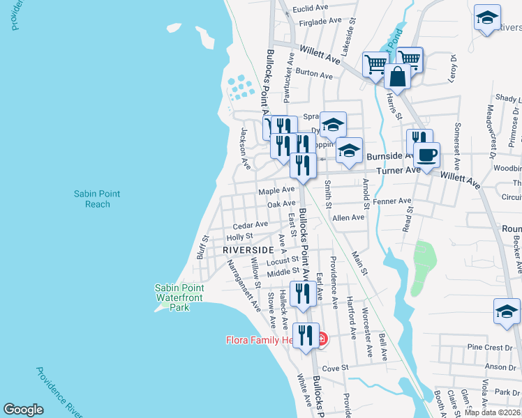 map of restaurants, bars, coffee shops, grocery stores, and more near 33 Linden Street in East Providence