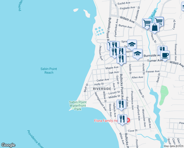 map of restaurants, bars, coffee shops, grocery stores, and more near 31 Bluff Street in East Providence