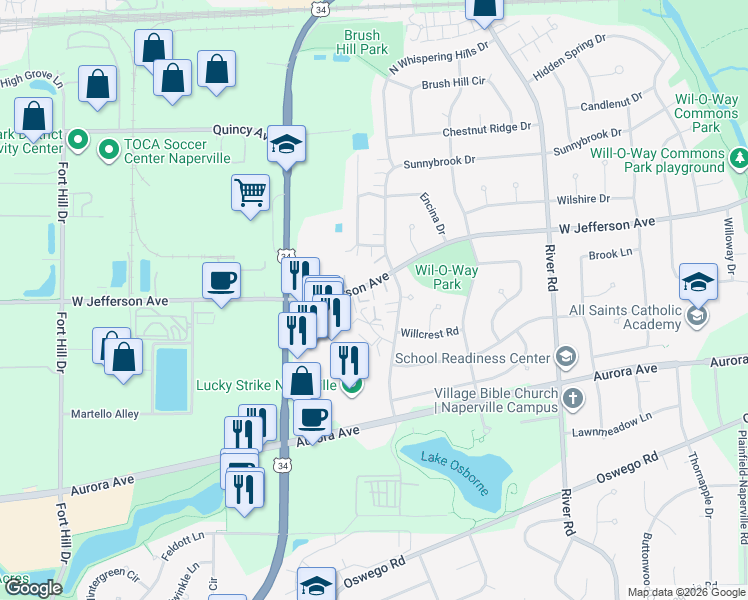 map of restaurants, bars, coffee shops, grocery stores, and more near 1512 Georgia Court in Naperville
