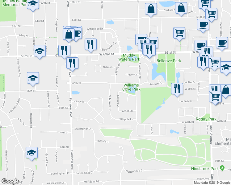 map of restaurants, bars, coffee shops, grocery stores, and more near 444 Wesley Lane in Westmont