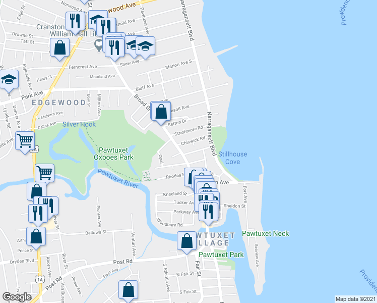 map of restaurants, bars, coffee shops, grocery stores, and more near 55 Windsor Road in Cranston